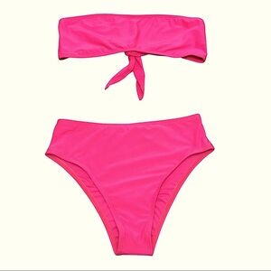 Fashion Nova High Waisted Tie Back Bandeau Bright Pink Bikini Set S